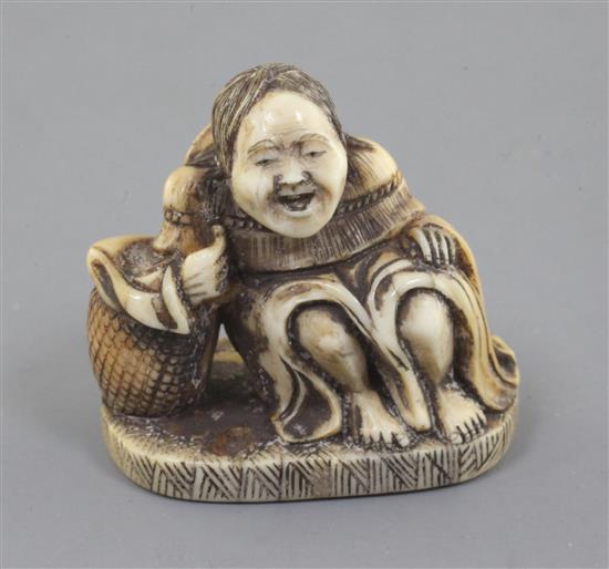 A Japanese ivory netsuke of Shojo, Meiji period, signed Ryumin, h. 3.3cm